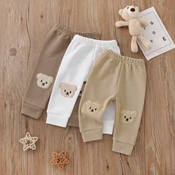 2022-08-04 Lioraitiin 0-3Years Baby Girls Boys Pants, Cartoon Bear Applique Elastic Waist Trousers, Waffle-Knit Pants