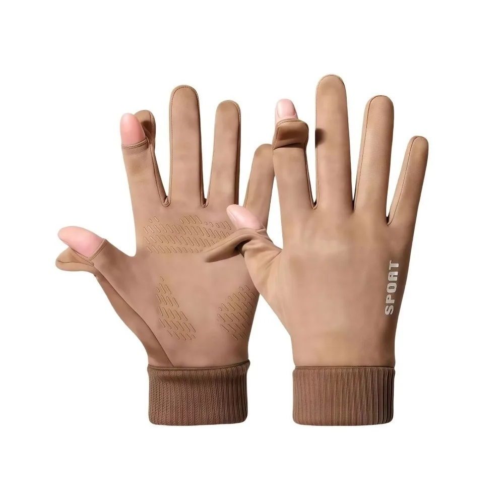 1 Pair Faux Suede Winter Warm Gloves Solid Color Full Fingers Cycling Gloves Flip Design Thickened Fabric Anti-Slip Gloves