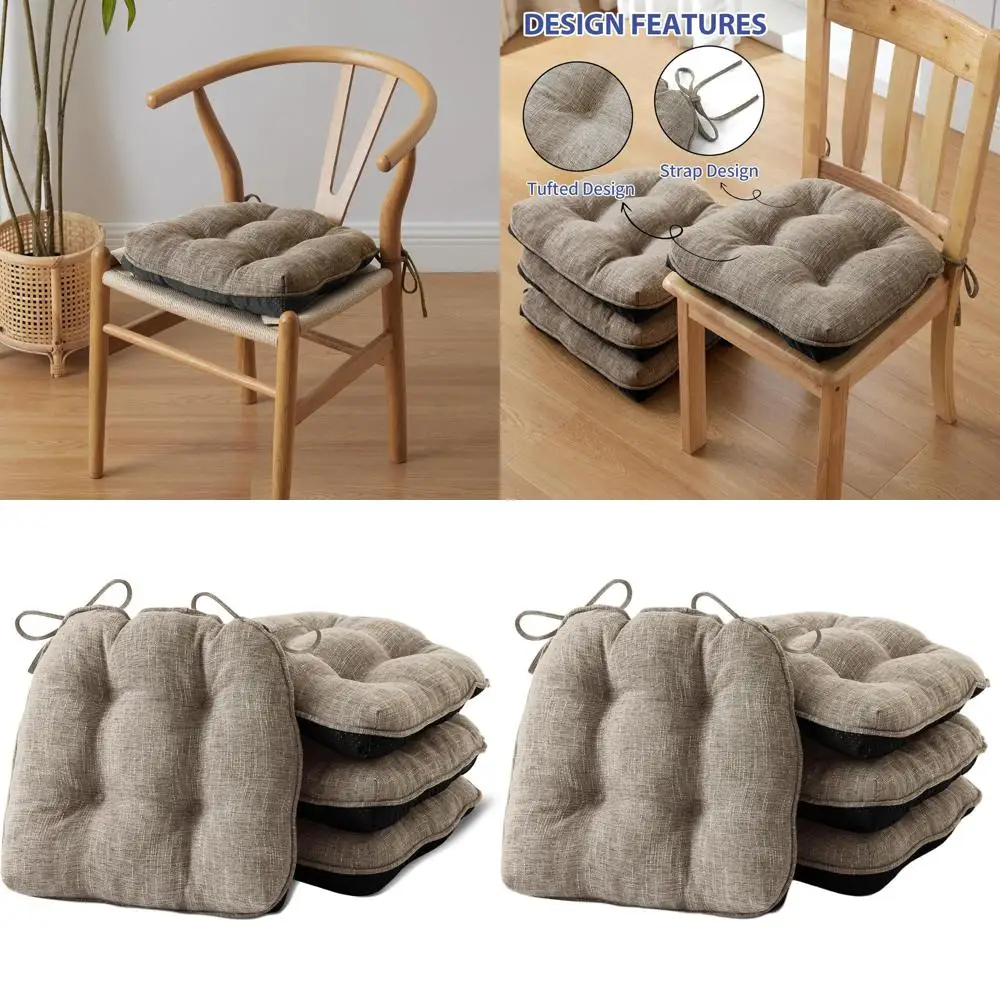 

Set of 4 Dining Chair Cushions, 18 x 18 Tufted Memory Foam Pads with Ties, Non-Slip Backing, Khaki