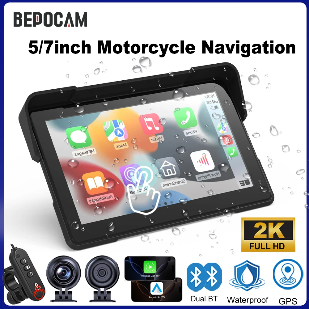 

BEPOCAM 5/7 Inch Motorcycle DVR GPS Navigation Multimedia Player Wireless CarPlay Android Auto IPX7 Waterproof Screen Recorder