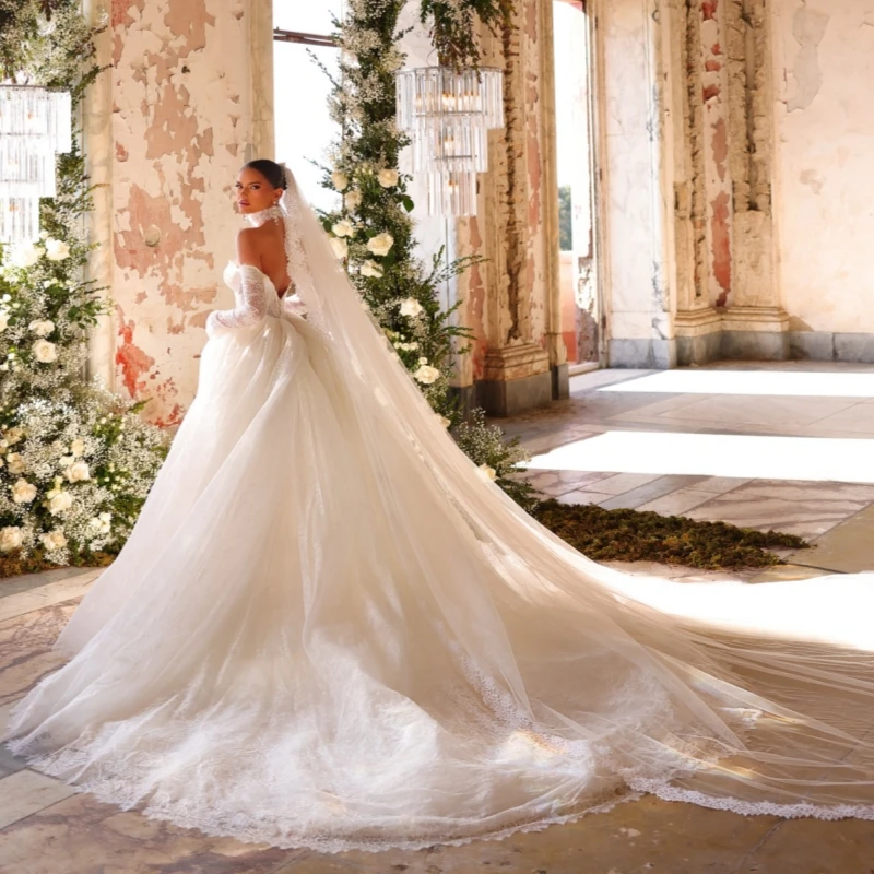 Luxury Light Champagne Dubai Arabic Mermaid Wedding Dresses Applique Lace Tull A-Line Court Train Wedding Dress Bridal Gowns