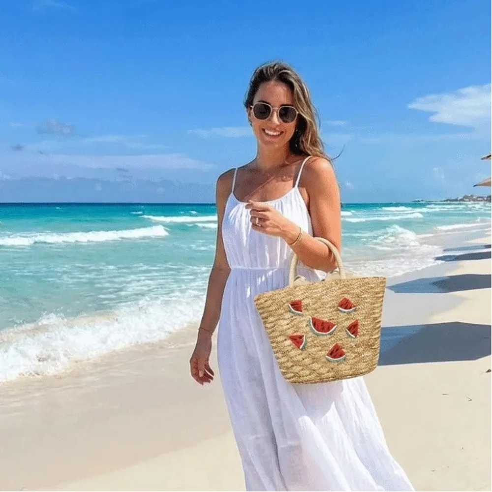 

Embroidery String Straw Tote Bags Bohemian Style Sweet Casual Woven Handbags New Design Coconut Tree Design