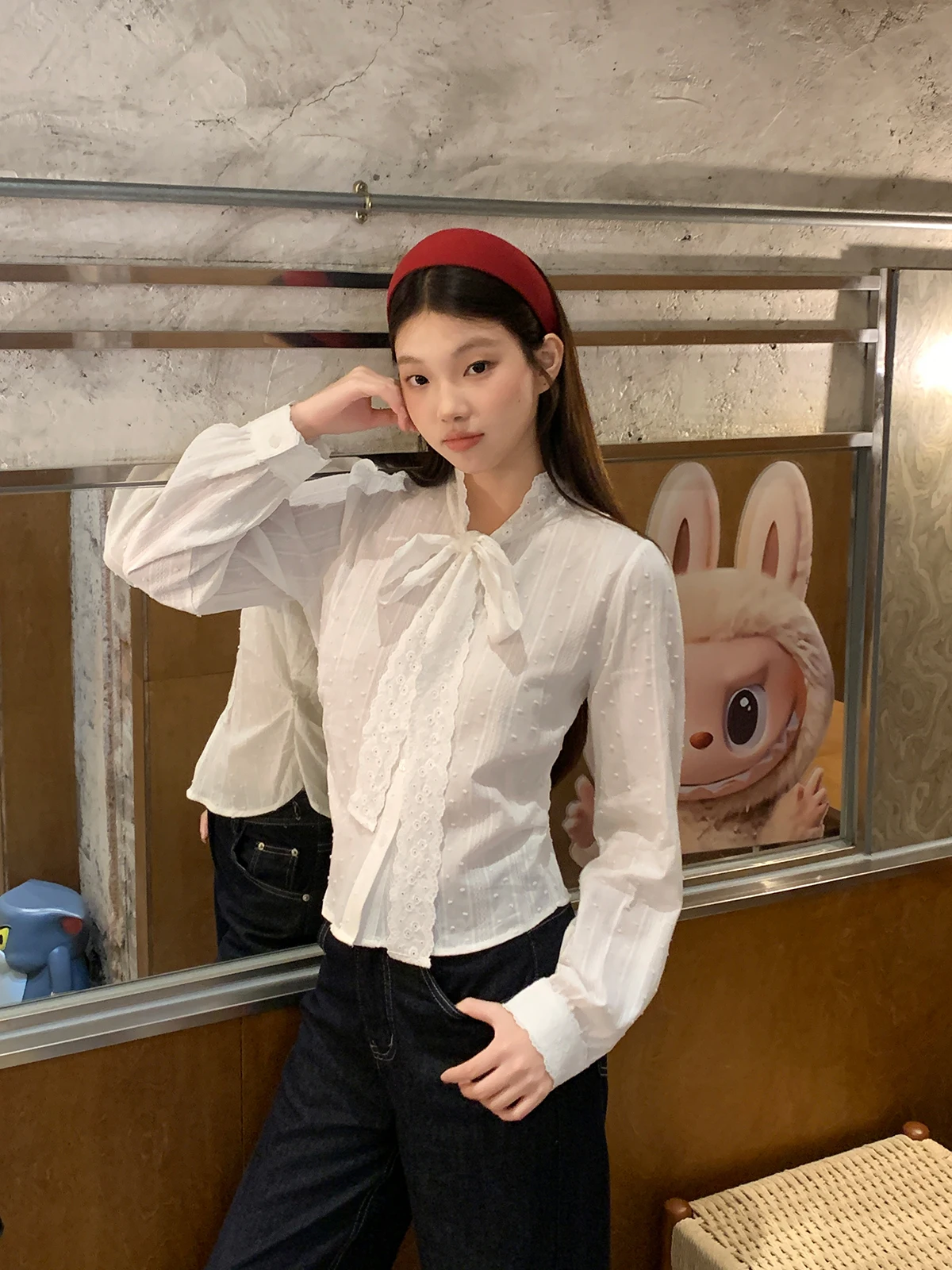 

Белый кружевной узел Long Sve irt Женский ранняя весна ort Sle Базовый слой Внутренняя одежда Топ French Sle Slim Fit