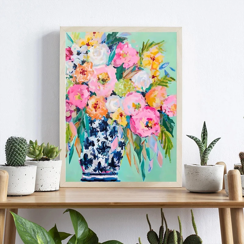 Peinture à l'huile sur toile, aquarelle Vintage, fleur bleue et Orange, affiche et image imprimée, Art mural, décoration de salle de maison