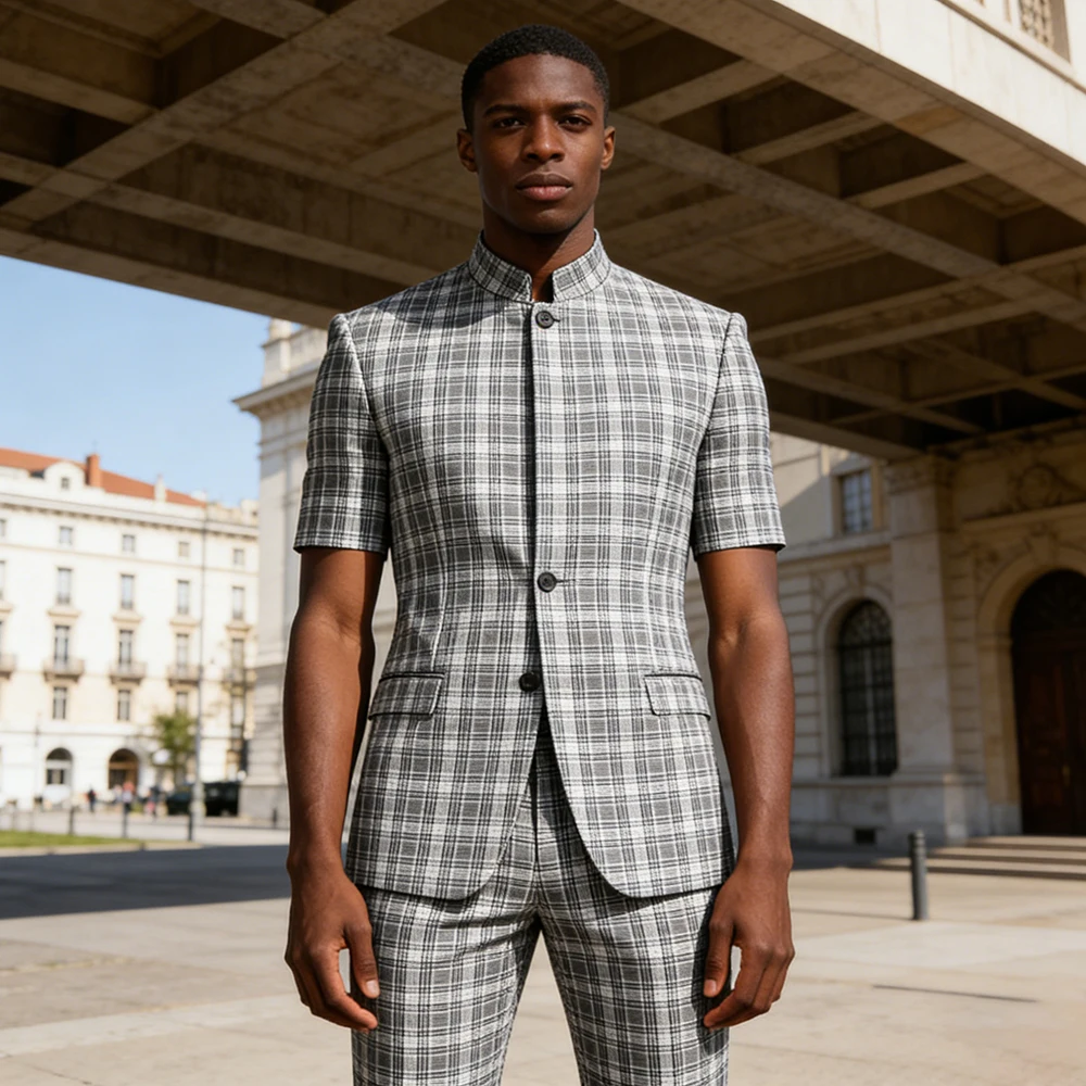 

Smart Casual Plaid Men's Suits Short Sleeve Manarin Collar 2 Piece Jacket Pants Full Sets Dinner Male Clothing Blazer