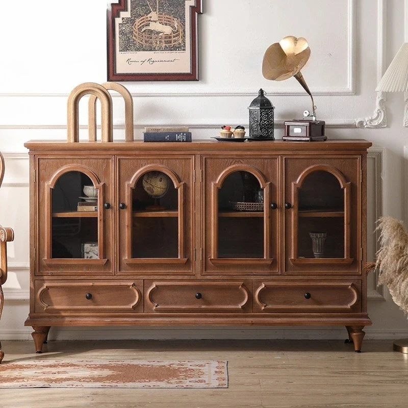 Medieval style decorative locker glass door dust cabinet walnut color retro home storage cabinet