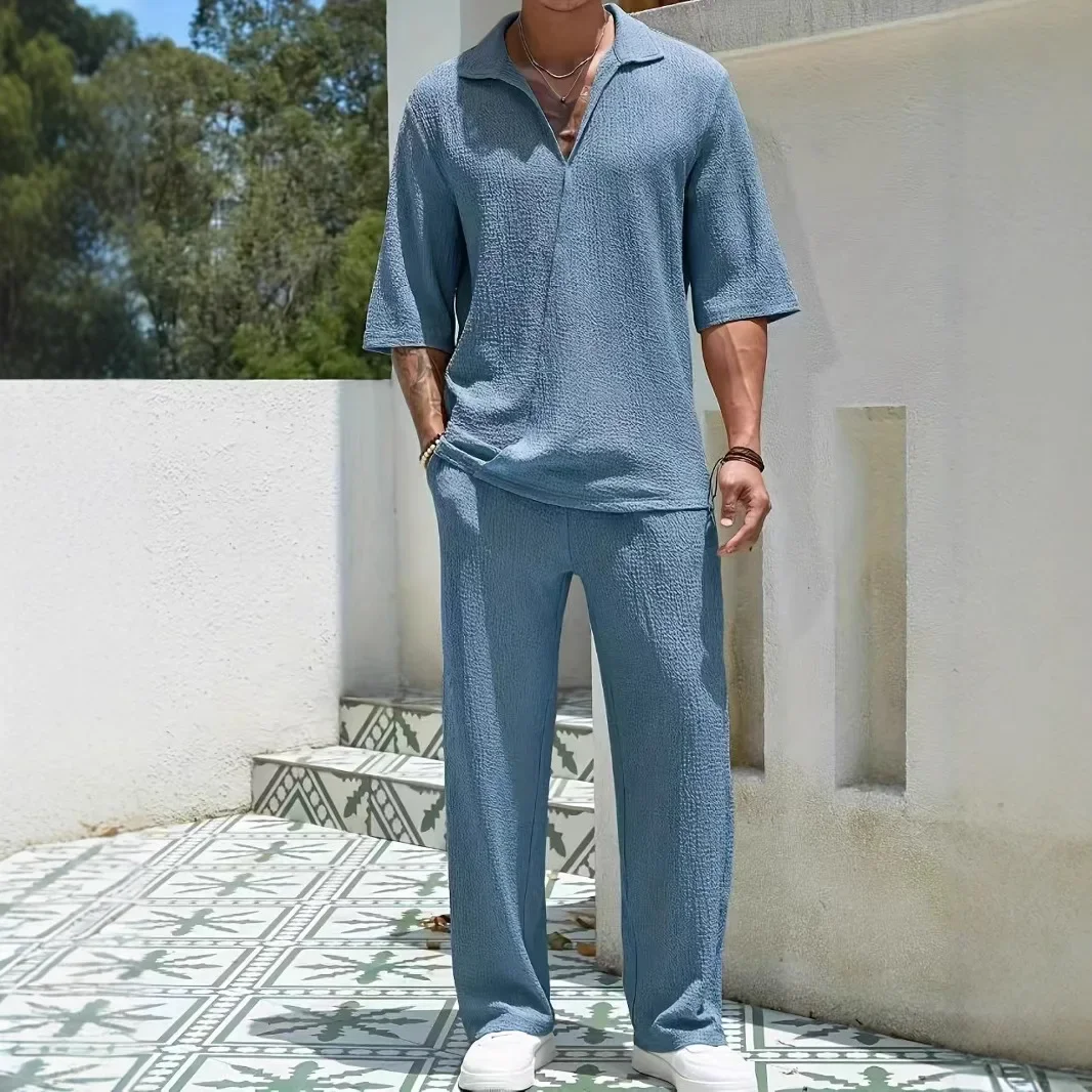

2025 American Style Summer New Fashion Men's Daily Solid Color 2 Piece Sets Long Sleeve Turn-down Collar Zipper Sweatshirt Pants