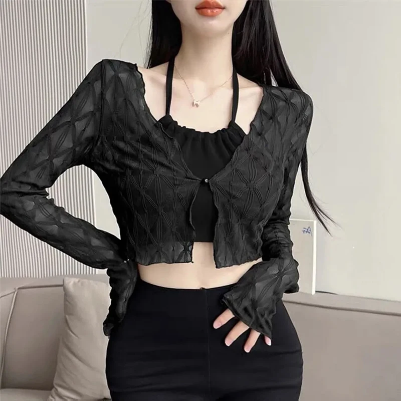 Sheer Shirt Women Solid Chic Slim Fit Sweet Lace Thin Blouse Korean Fashion All Match Long Sleeve Tops Ladies Summer New