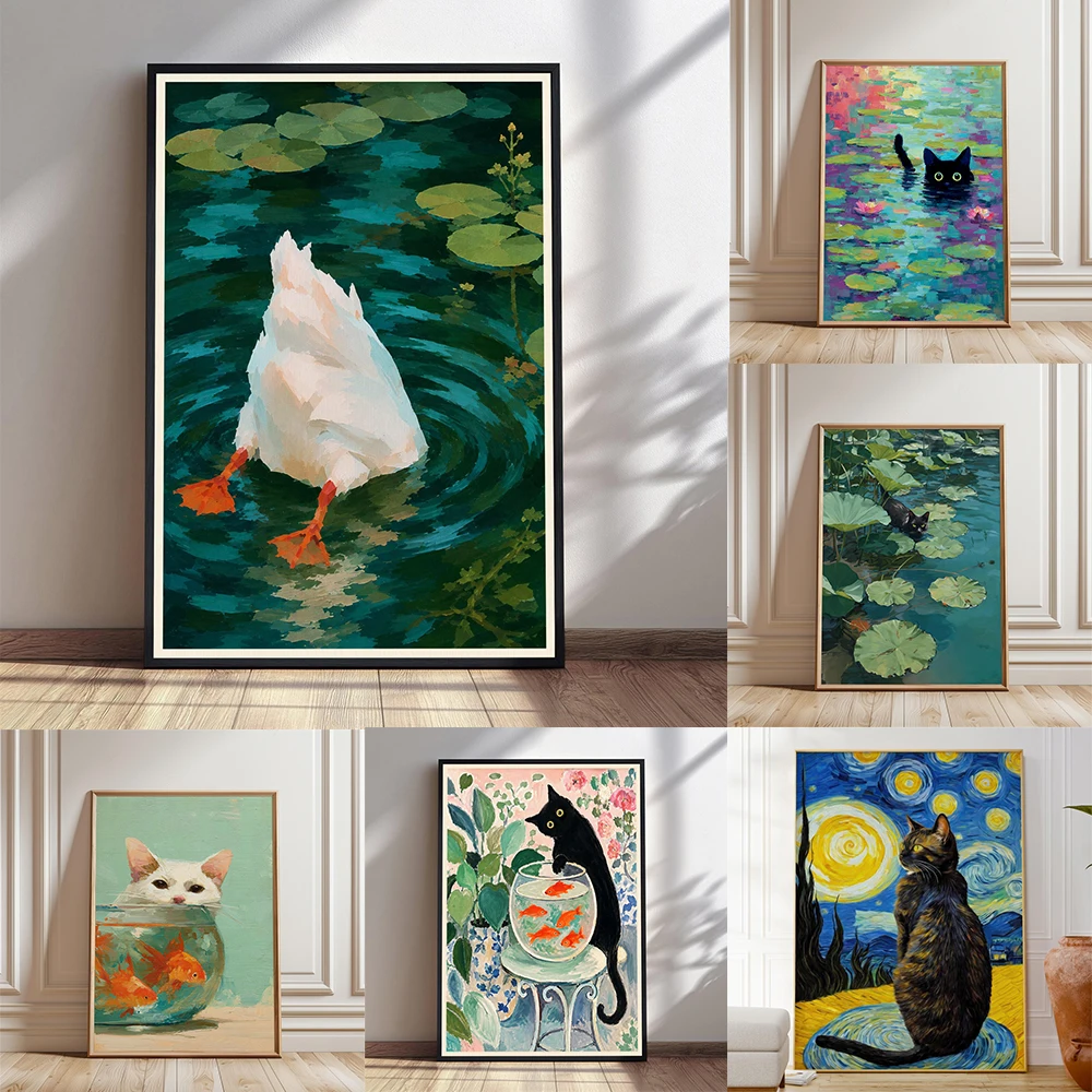 Funny Duck Wall Art Poster Animal Canvas Painting Print Whimsical Bathroom Decor Cottagecore Lake House Art