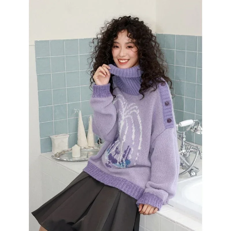 Suéter con patrón de fuente púrpura para mujer, moda coreana, Jersey de punto empalmado con botones, ropa informal Y2k, novedad de Otoño Invierno 2025