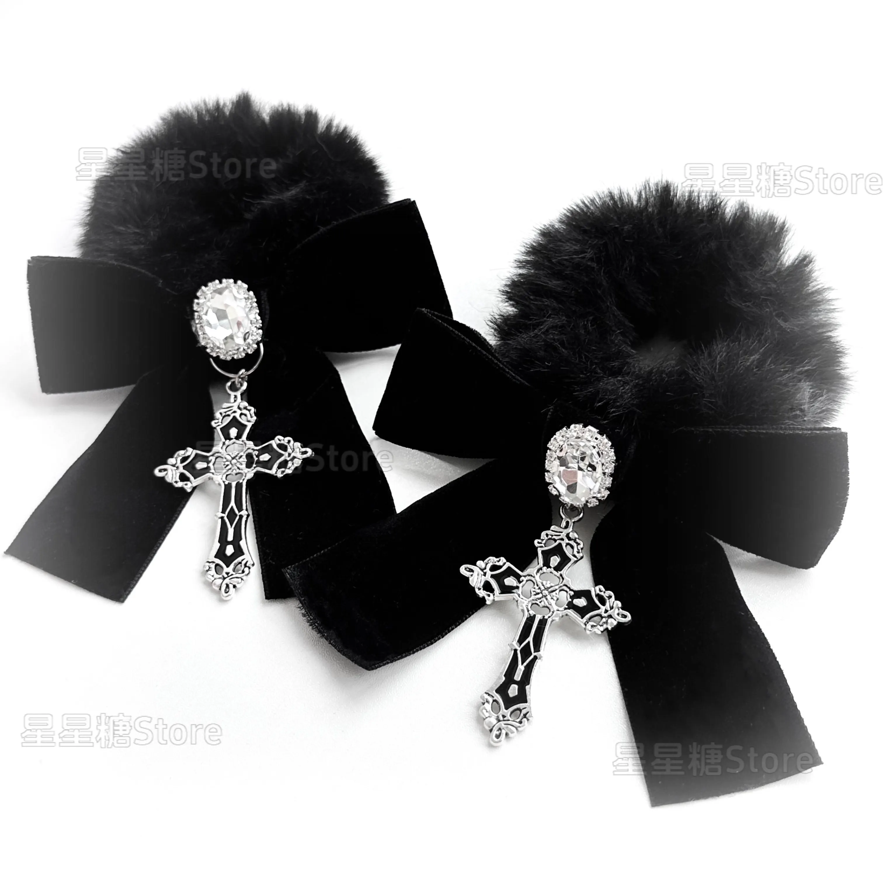 

Original Japanese Gothic Dark Subculture Y2k Plush Hair Accessories Soft Girl Cross Velvet Bow Hair Band Black Hair Band Female