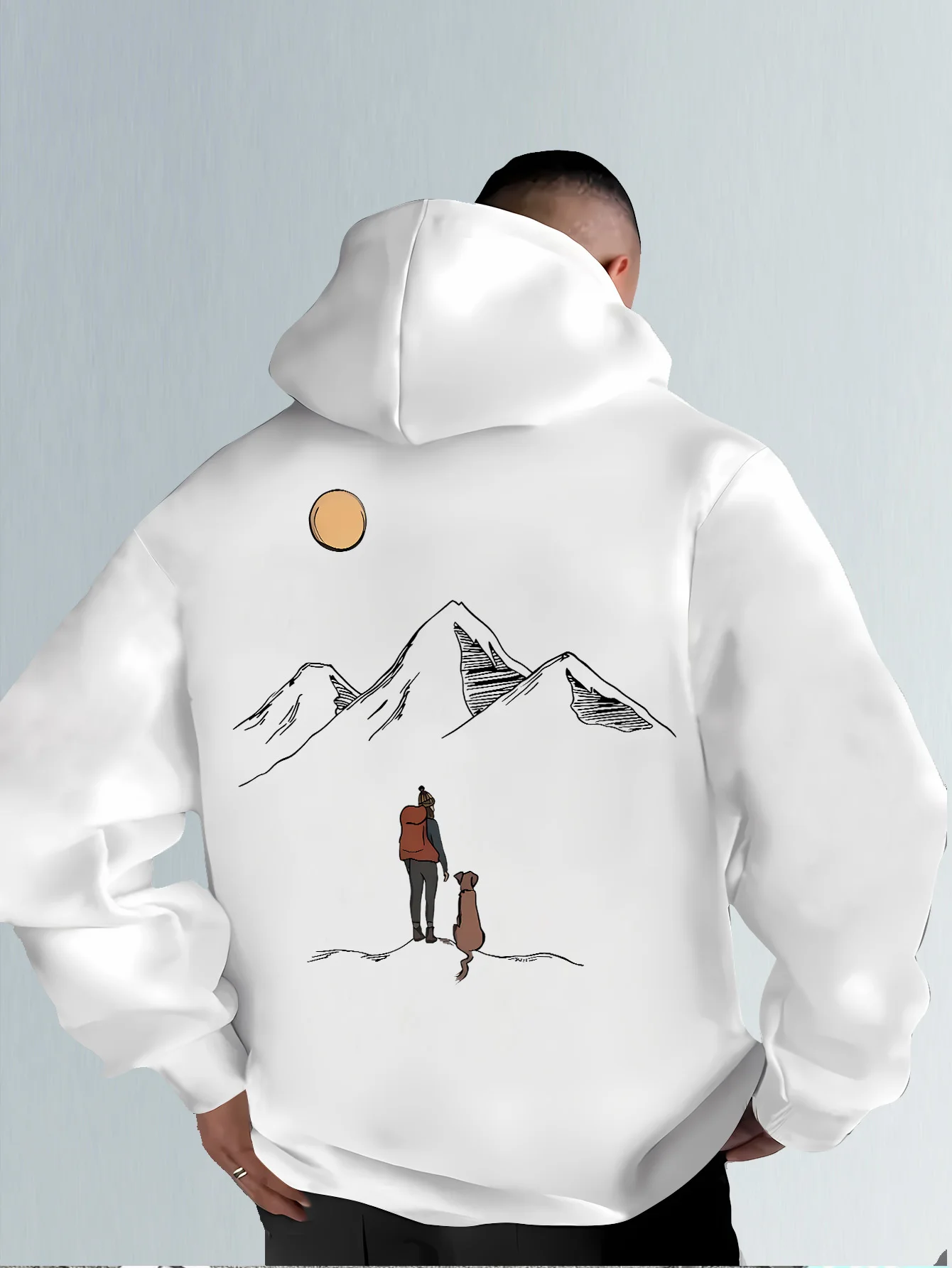 Outdoor hiking men's hooded shirt - Back print of people in the wild and cute pets. Natural exploration pocket hooded shirt