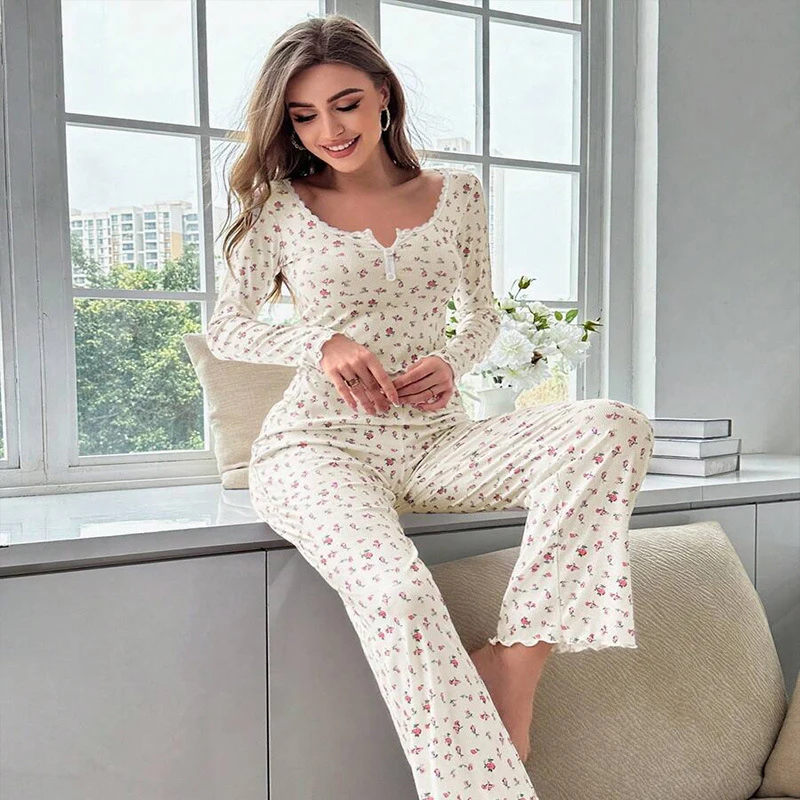 

Осенне-зимний пижамный комплект, женская одежда для сна с цветочным принтом, топ с салатами и длинными брюками, милая одежда для дома, ночная рубашка с длинными рукавами