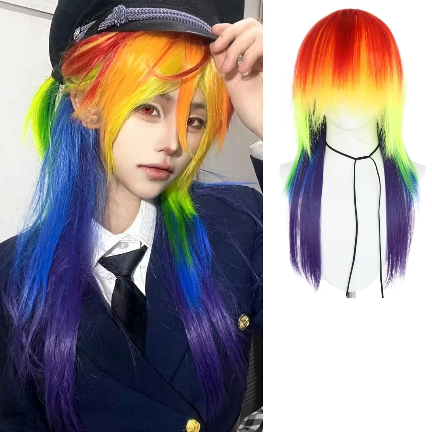 Rainbow Wig for Women Long Straight Wig with Bangs for Halloween Costume Party Anime Colored Cosplay Wig Synthetic Wig