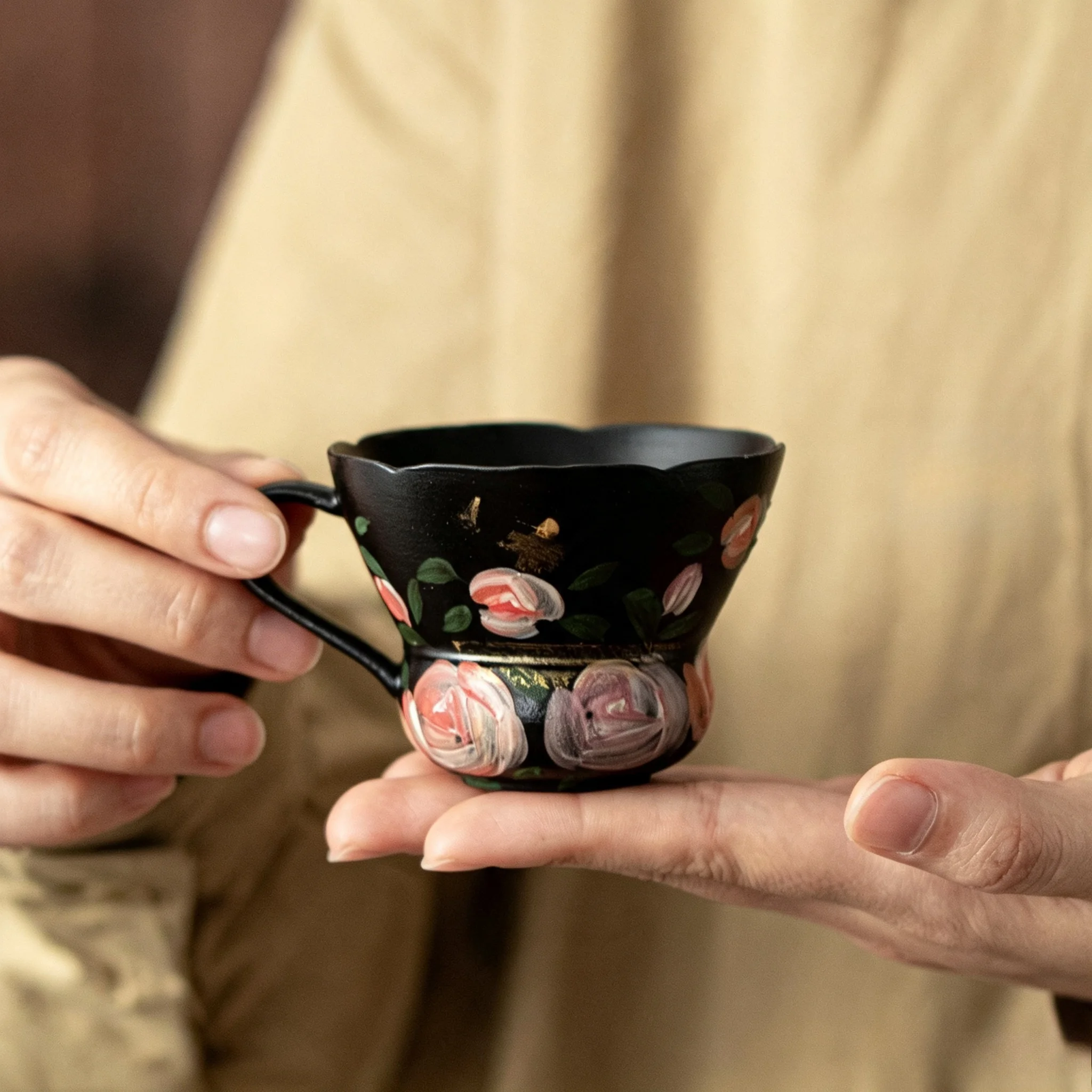 Oil Painting Style Rose Fortune Blessing Ceramic Coffee Cup Home Office Afternoon Tea Household Tabletop Holiday Decor Gift