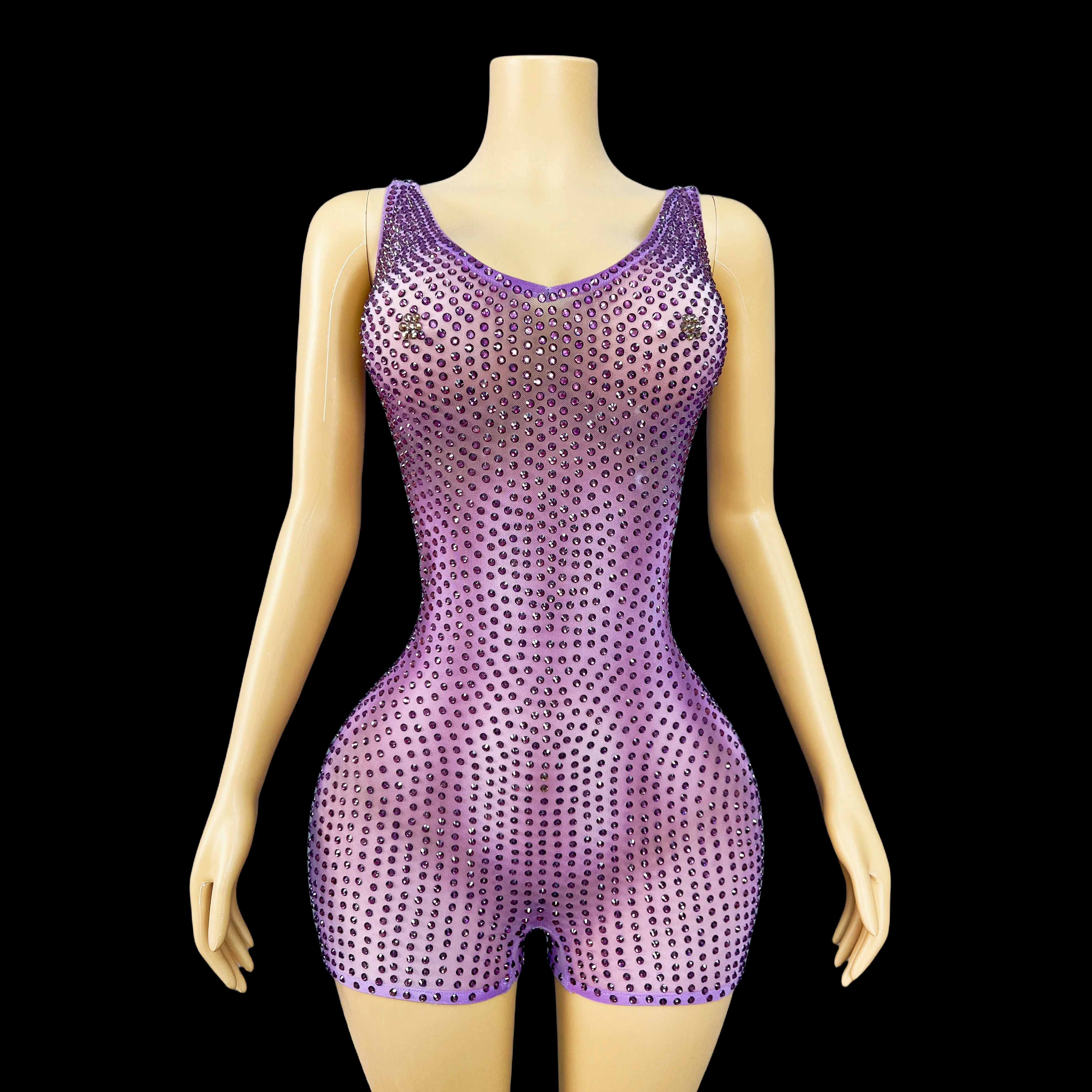 Mode Zanger Sexy Paars Luipaard Transparant Ontwerp Fonkelende Steentjes Party Prestaties Kostuum Stadium Outfit guoguoman