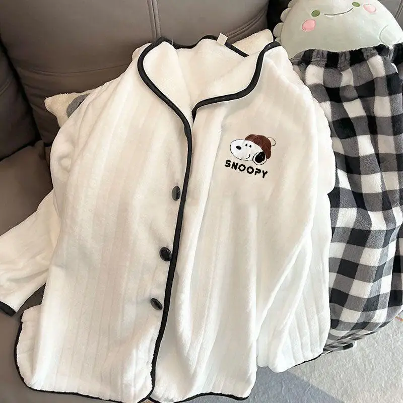 Kawaii Snoopy Pochacco Pajamas Winter Thick Flannel Cardigan Collar Warm Home Clothes Long Sleeved Top Pants Set Gift for Girls