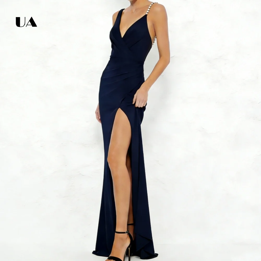 

ULBYANRY Straight Ruched Prom Dress with Pearl Strap Solid Deep V-neck Evening Dress for Woman Sleeveless Customized Party Gown