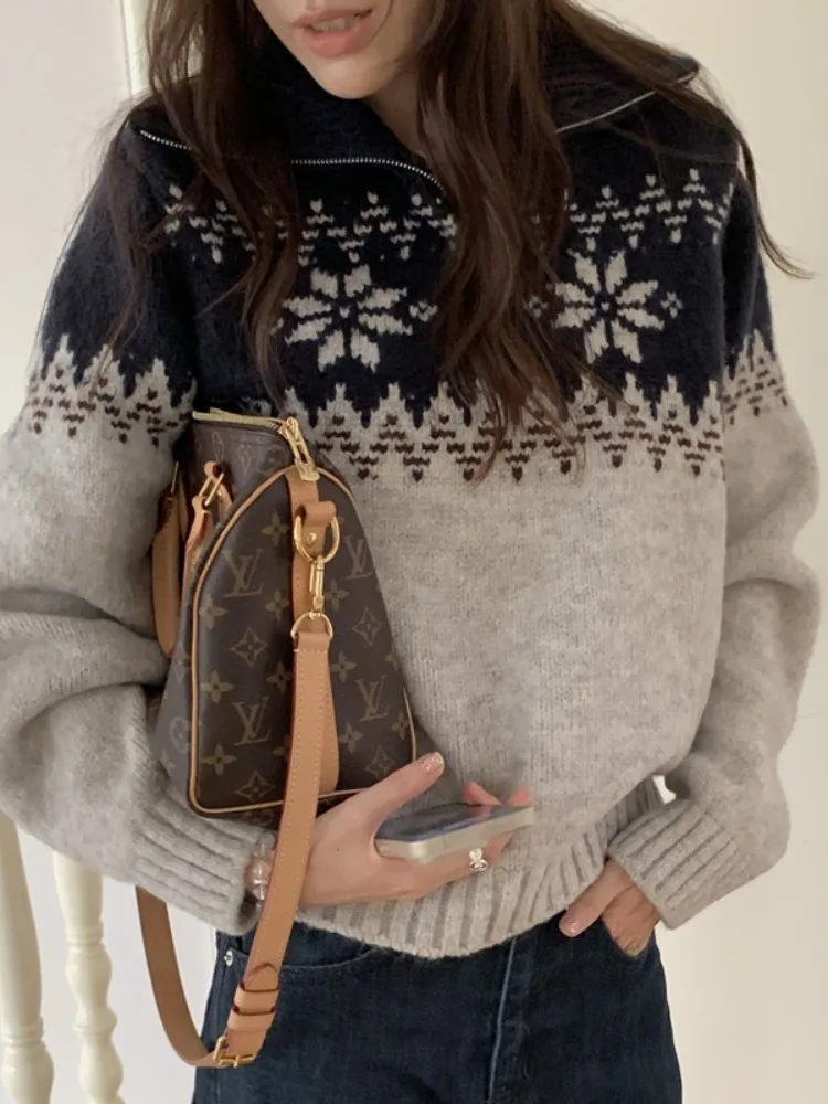 Weicher Fcey-Strickpullover für Damen, lässig, locker, Winter, neuer Sle f-Reißverschluss, faires Isle-gemustertes, bequemes, atmungsaktives Oberteil