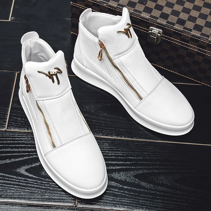 Wedding Photography White Leather Boots Double Zipper Men's Boots Personalized Metal Men Shoes Fashion Sports Leisure Board Shoe