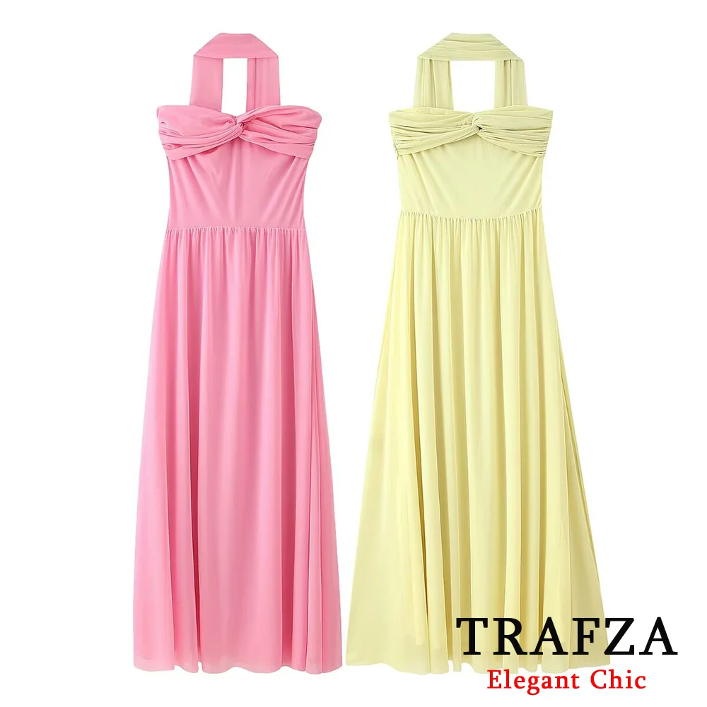 

TRAFZA Elegant Romantic Strapless Dress Women's Mesh Scarf Long Dress Fashion Summer 2025 Evening Wedding Dating Mujer Dress