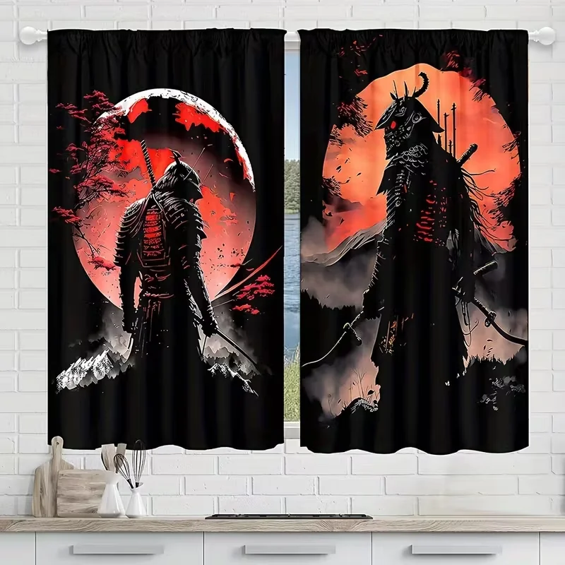 2pcs Japanese Samurai Fighting Ink Painting Digital Printing Curtain Semi-Transparent Material Thinner, Suitable for Living Room