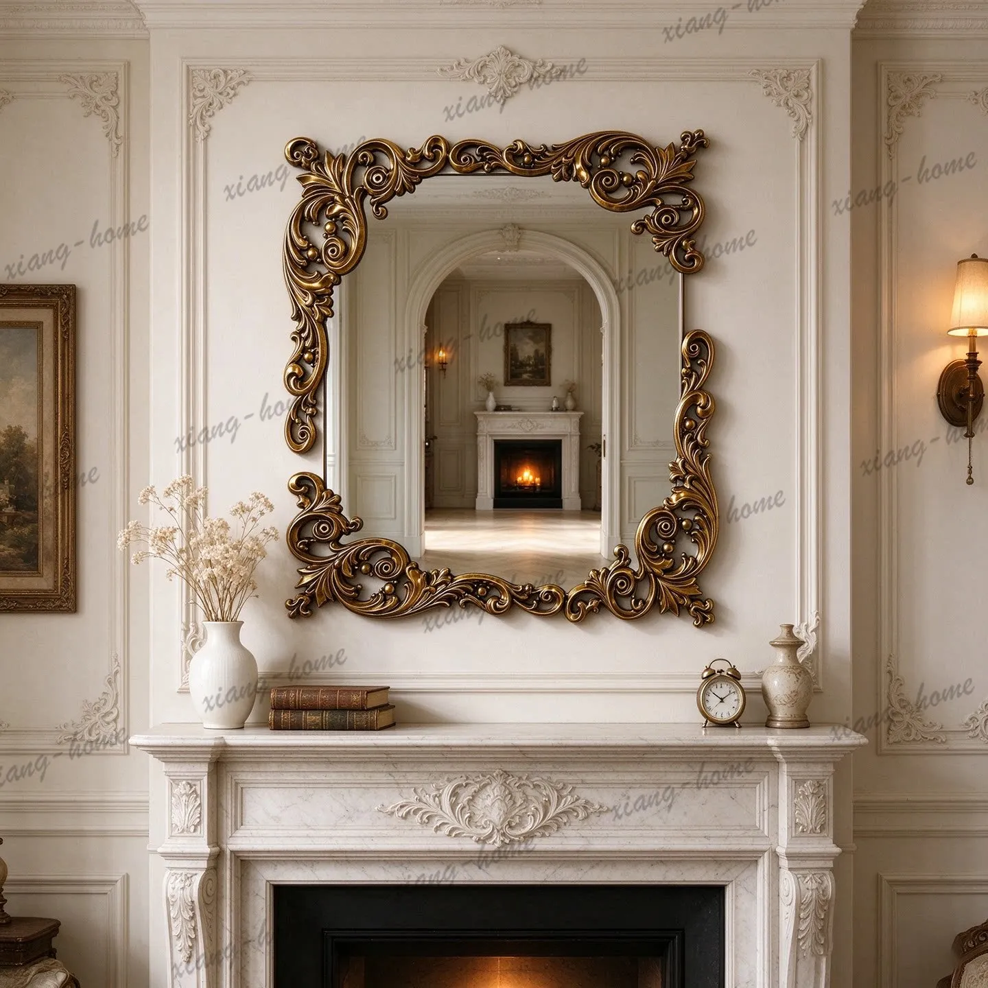 PG French retro carved wall-mounted makeup mirror American living room fireplace above classical wall-mounted makeup mirror