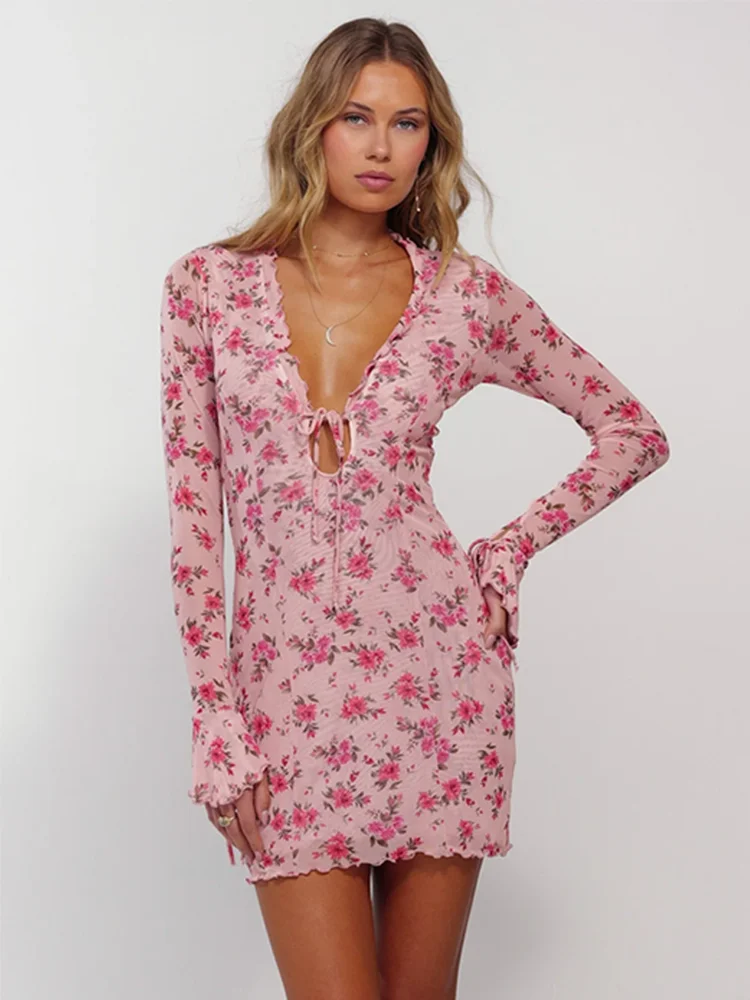 Absobe floral arco impressão pura malha retalhos mini vestido para mulher cortar profundo decote em v manga alargamento roupa sexy elegante partywear