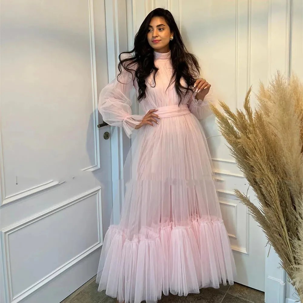 Customized Pink Prom Dresses Arbia Dubai High Neck Formal Evening Gowns Long Puffy Sleeves Wedding Guest Party Robe 2024