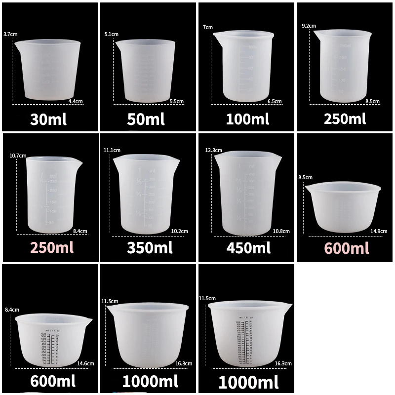 1000ml 600ml 450ml 350ml 250ml 100ml 30ml Measure Cup for Resin Supplies Silicone Measuring Cup for Resin Epoxy DIY Craft Tool