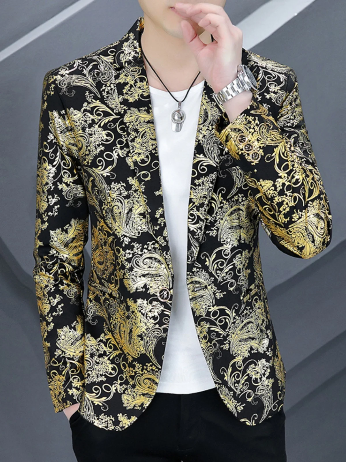 

Faionable Gold Stamp Printing Slim Fit Youth Men's Suit Autumn New Sle Casual Stand Version Polyester Fiber Long Sve