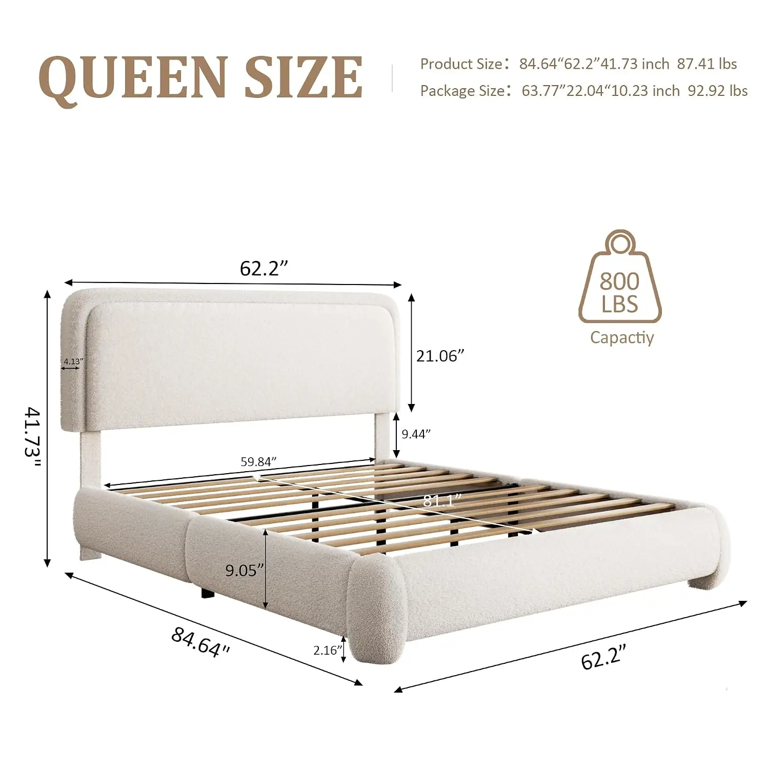 Queen Upholstered Platform Bed with Adjustable Headboard, Wood Slats, Soft Rounded Corners, No Box Spring, Noise-Free, Easy Asse