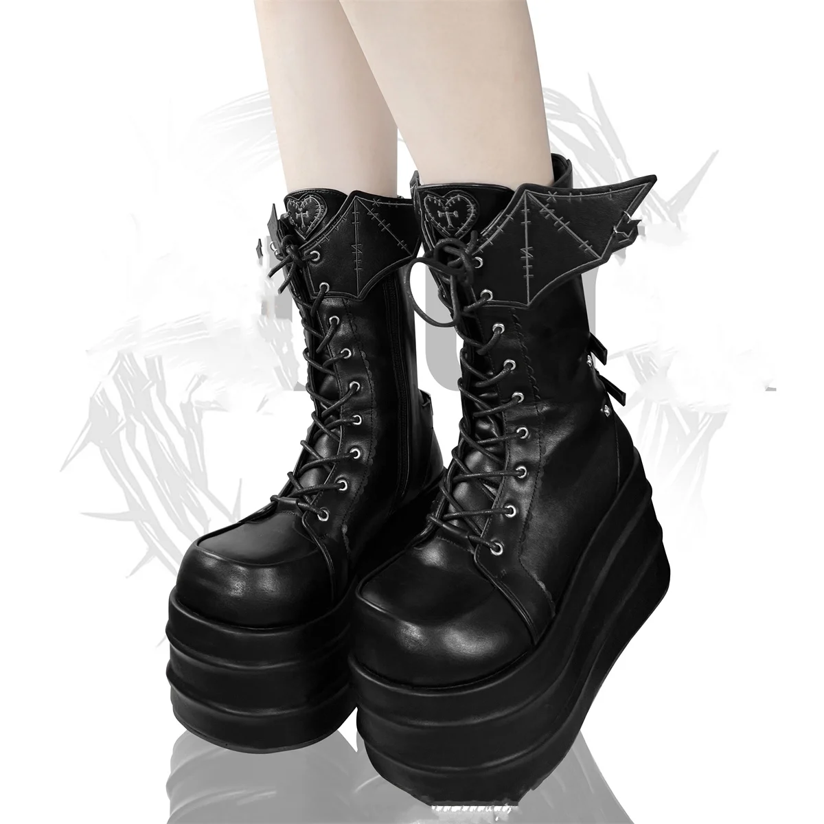 Punk Retro Style Dark Girls Shoes Lolita Cosplay Love Cross Sewing Wings Round Head Thick Soled Shoelace 8cm High Heel Boots