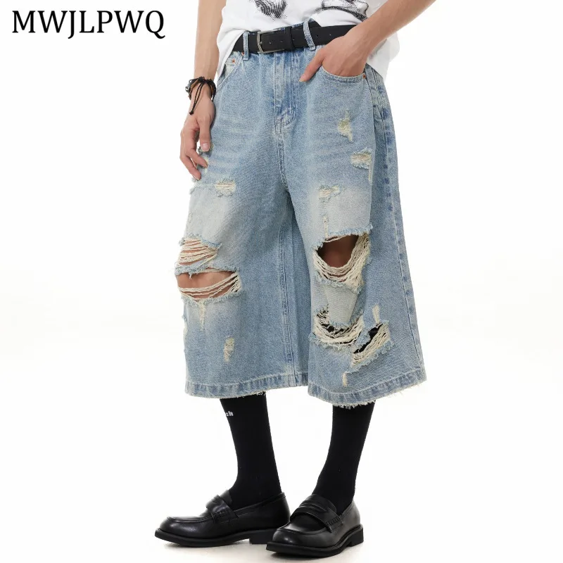 

MWJLPWQ потертые шорты в американском стиле с потертым узором, мужские мешковатые свободные широкие брюки с дырками, уличные повседневные джинсовые брюки 20967