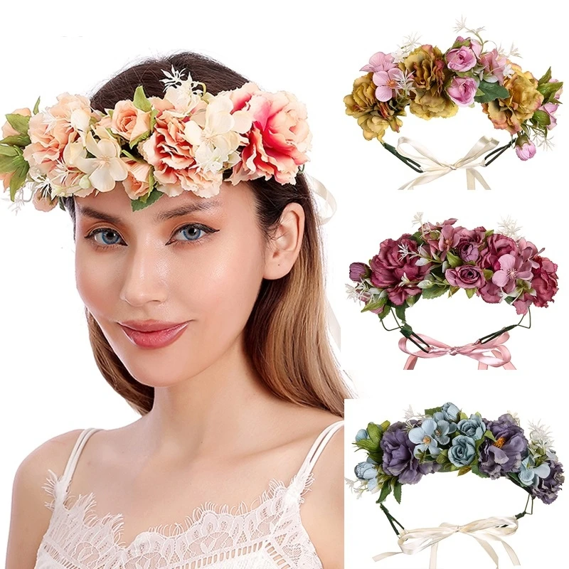 Large Flower Simulation Flower Garland Bohemian Simulation Fabric Adjustable Wedding Bridal Hair Band Headdress