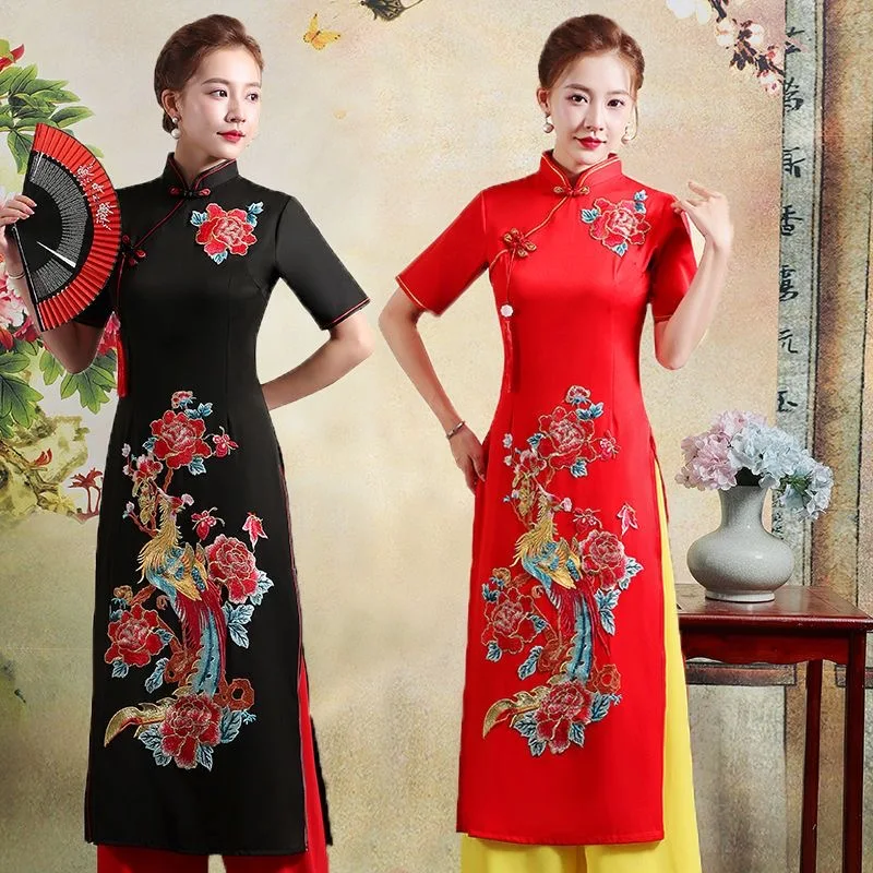 Women Traditional Vietnam Ao Dai Cheongsam Flower Embroidery Party Evening Dress Oriental Outfits