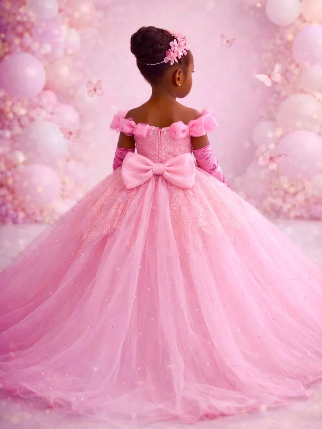 Custom Flower Girl Dress Off Shoulder with Detachable Sleeves for Wedding Formal Pageant Gown for Girls Birthday Party Ball Gown