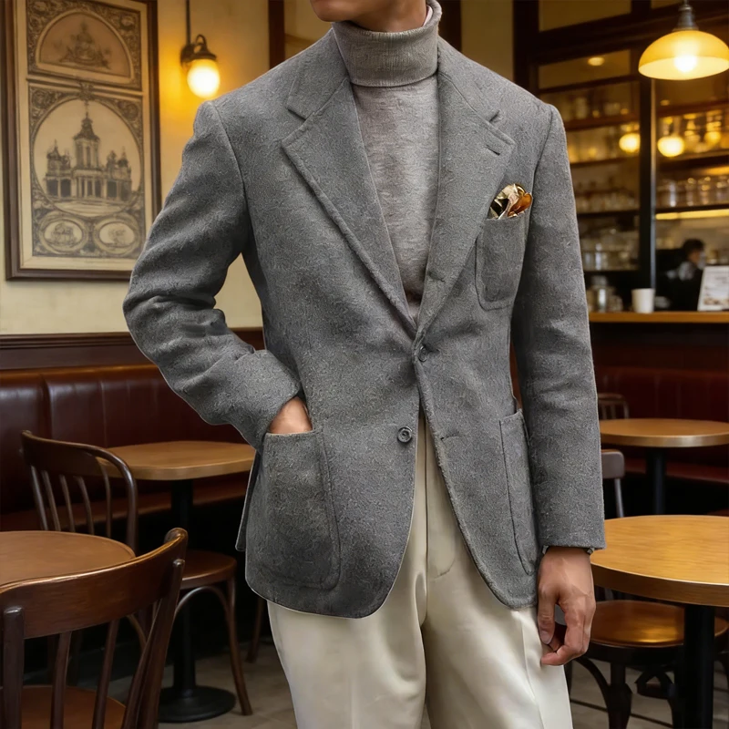 

Casual Suit Jackets Notched Lapel Men's Social Coat Wool Fabric Man Jackets High Quality Single-breasted Business Casual Style