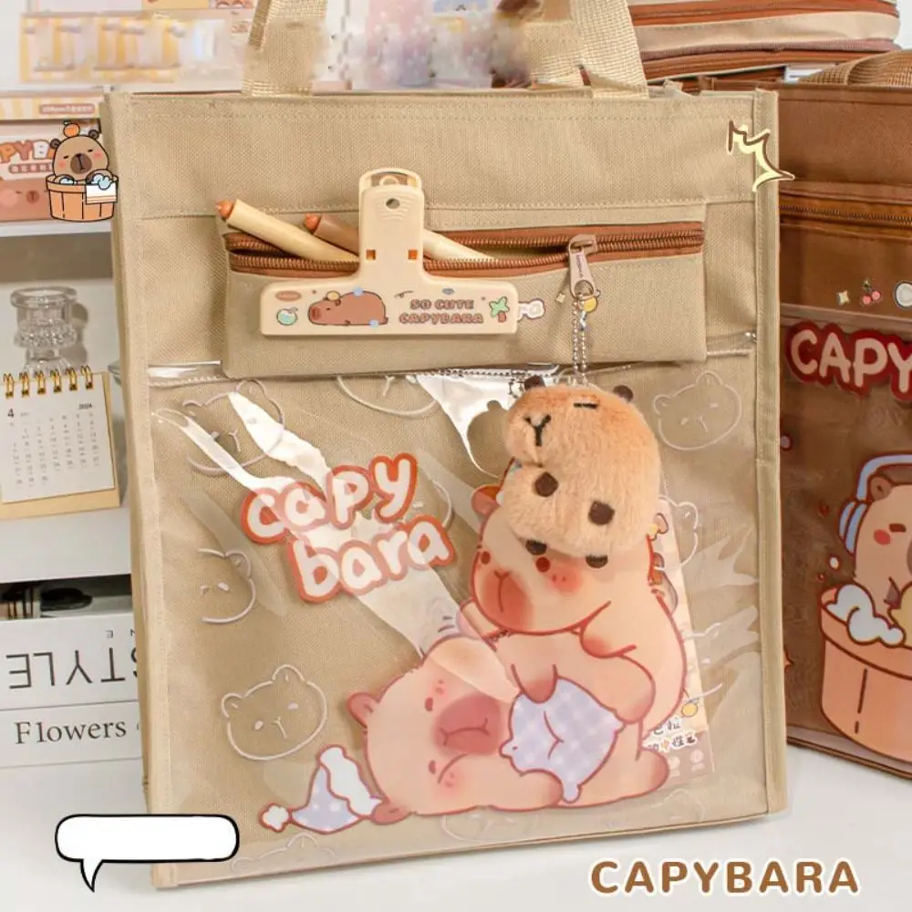 Capybara-bolsos ligeros de lona reutilizables con bolsillo transparente, bolsos de mano, útiles escolares con estuche para lápices