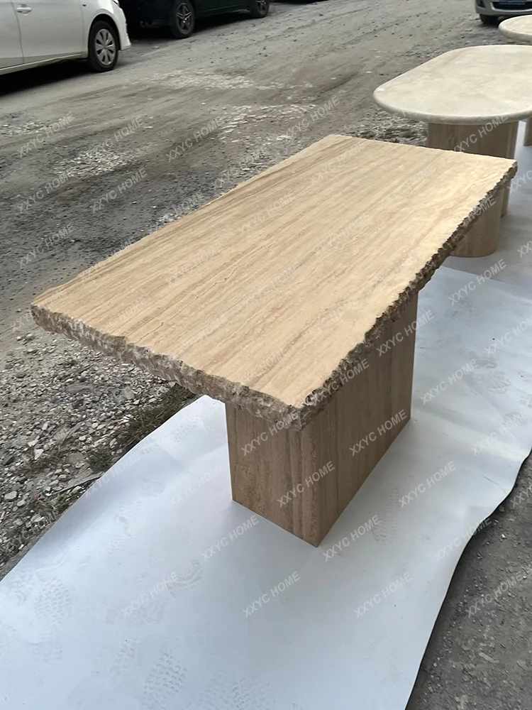 XX Travertine Dining Table Wabi Sandy Wind Natural Wool Surface High-end Table Rectangular Broken Marble