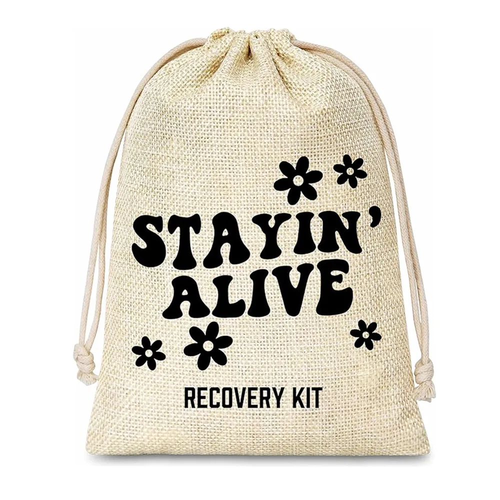 12 Hangover Kit Gift Bags - Survival Recovery Kit - Stayin' Alive Themed Cotton Gift Bags With Drawstring - Wedding/ Bridal