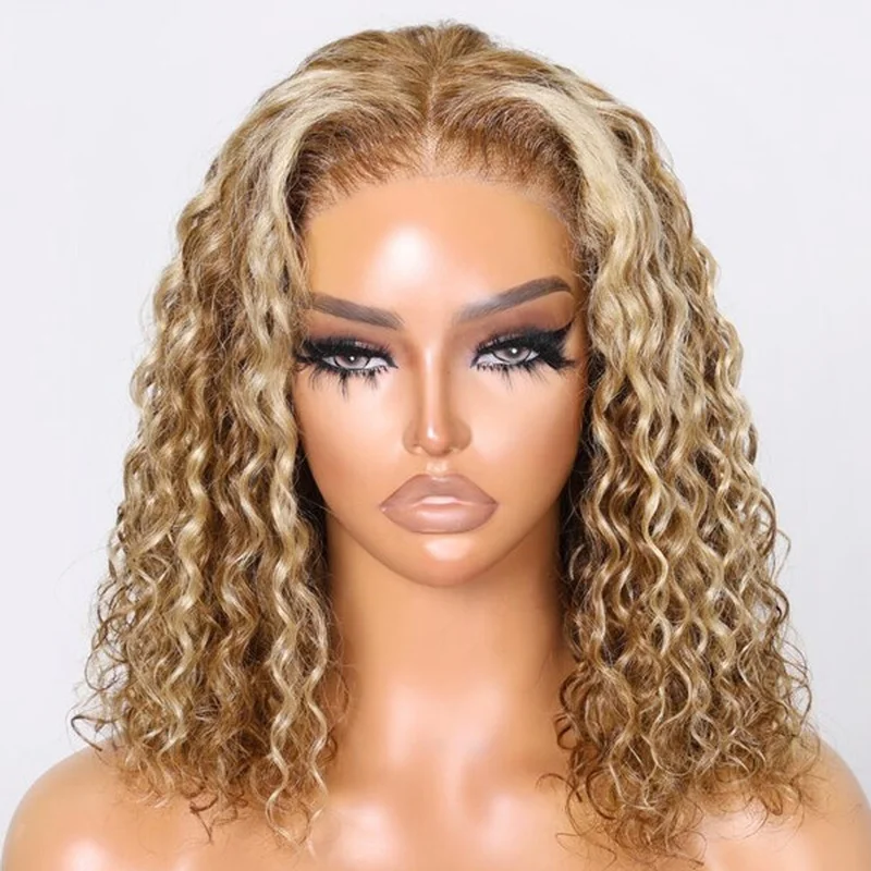 Blonde Highlight Water Wave Bob Wig 13x4 Lace Front  Hair Wigs Pre Plucked