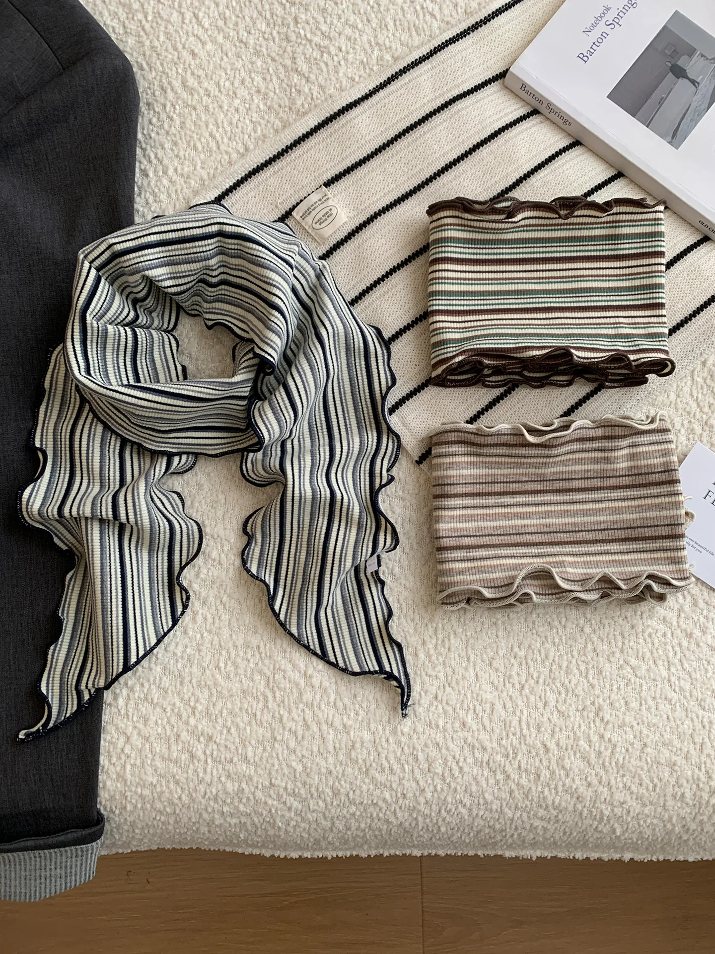Retro Cotton Linen Striped Scarf Women's Fashionable Warm Versatile Small Neck Warmer Balaclava Autumn Winter New Style