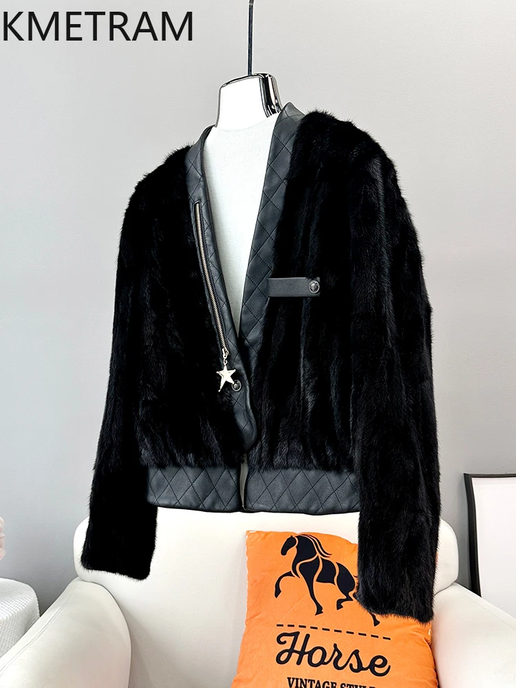 سترة نسائية من فرو المنك الطبيعي لعام 100% معطف فرو حقيقي أسود قصير فاخر ملابس شتوية عالية الجودة للنساء 2025 Fourrure