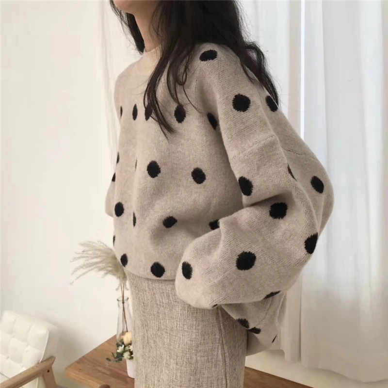 

Women Sweaters Winter Loose Casual Polka Dot Pullovers Autumn Winter Women's Long Sleeve Top New Oversized Sweater For Outerwear