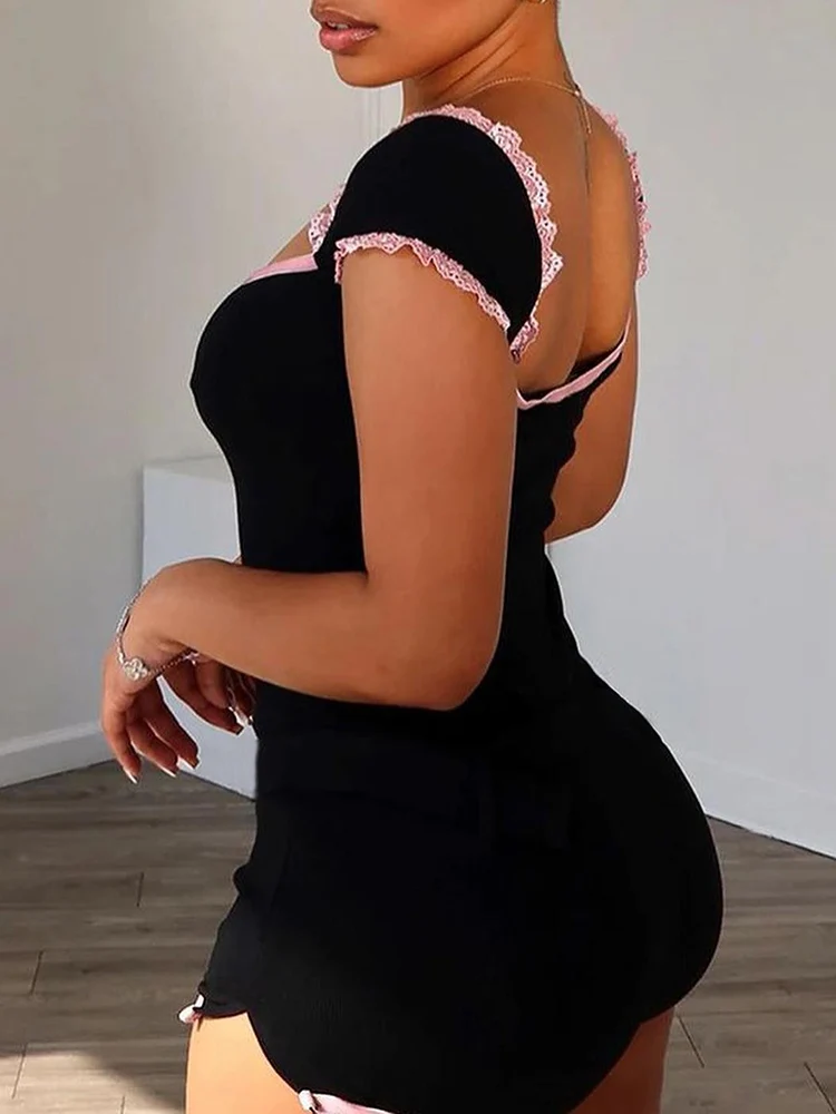 LW Summer Sexy Jumpsuits for Women 2025 Casual Short Sleeve Square Collar Bodysuits Jumpsuit Woman Fashion Short Clothes Lady