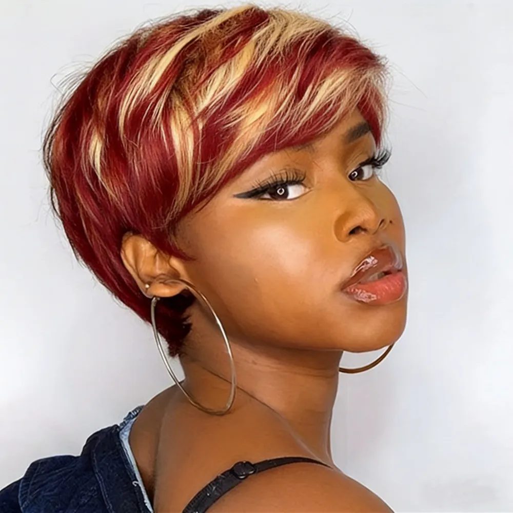 

Короткий парик-пикси из натуральных волос, плотность 150%, машинная работа, 6 дюймов, цвет блонд 613/красный/натуральный черный, парик-пикси из натуральных человеческих волос для женщин