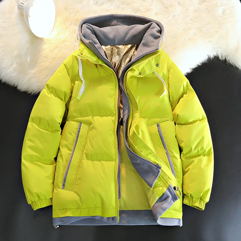 Winter Black Fake Two Piece Hooded Puffer Jacket For Men Heat Reflective Inner Thick Coat Side Zipper Pockets For Daily F1017
