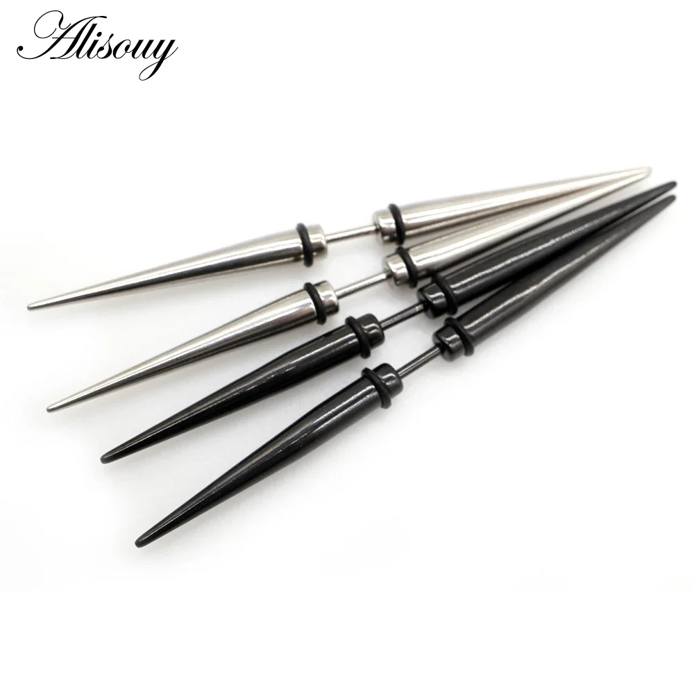 Alisouy 2PC Unisex Stud Earrings Gothic Punk Spike Cone Stainless Steel Dumbbell Barbell Ear For Men Women Piercing Jewelry