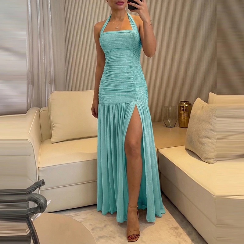 Summer Hollow Backless Pleated Party Dress New 2026 Casual Split Beach Dress Fashion Hanging Neck Sleeveless Slim Fit Long Dress